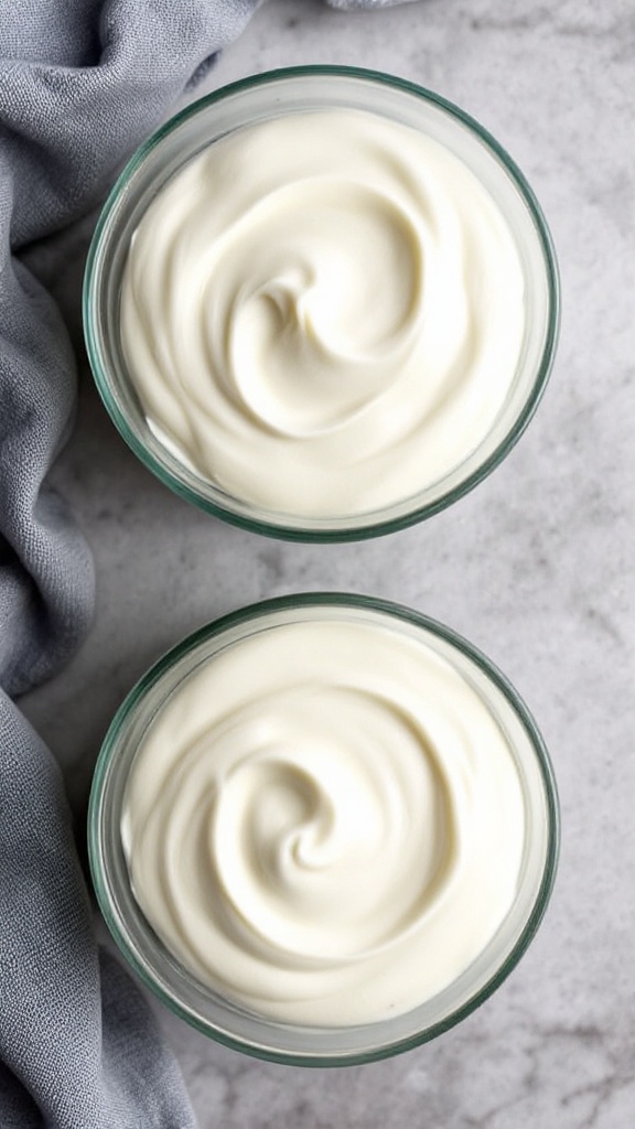 Overhead view of chilled mousse in clear glass bowls with glossy surface and slight peaks