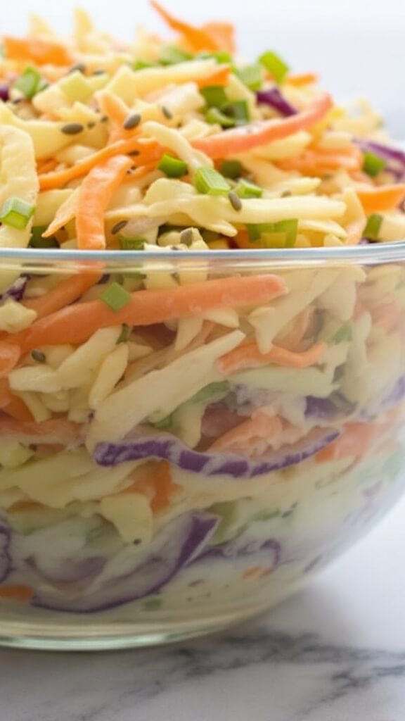Perfect Keto Coleslaw (Quick &Amp; Creamy) 8 Chilled coleslaw in a clear serving bowl showing distinct layers of dressed vegetables and celery seeds