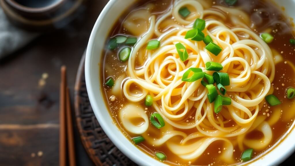 "steaming bowl of chinese egg drop soup with scallions and sesame oil in a white ceramic bowl on a dark wooden table, viewed from above. "
