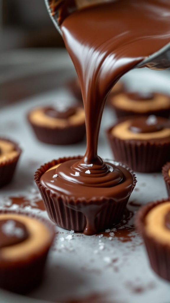 Protein Peanut Butter Cups 9 Final layer of chocolate being poured over peanut butter disks with finished cups showcasing smooth tops sprinkled with sea salt