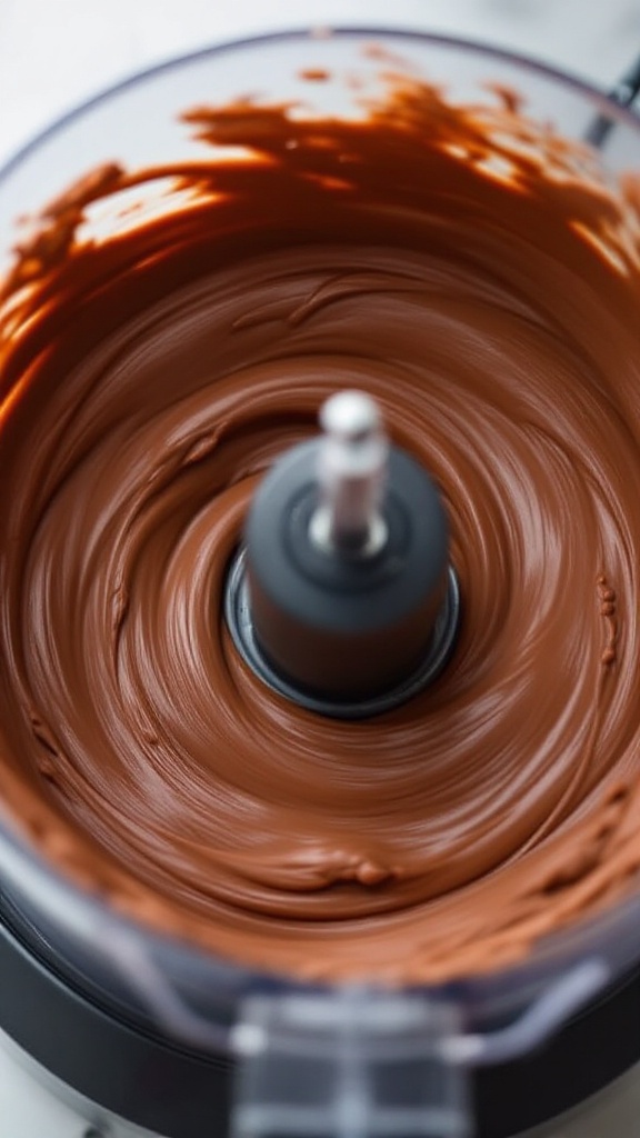 Food processor blending creamy chocolate mousse with visible movement blur