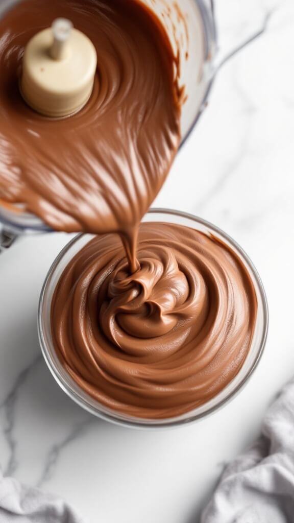 Silky chocolate mousse being scooped from a food processor into glass dessert bowls, displaying its thick and fluffy texture