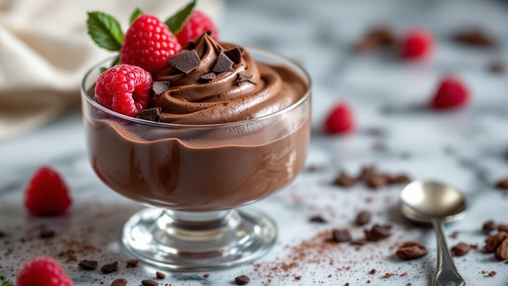 "close-up of velvety chocolate mousse in a clear glass bowl with raspberries and chocolate shavings, dusted with cocoa powder on a marble countertop, with a vintage spoon and scattered cocoa nibs"