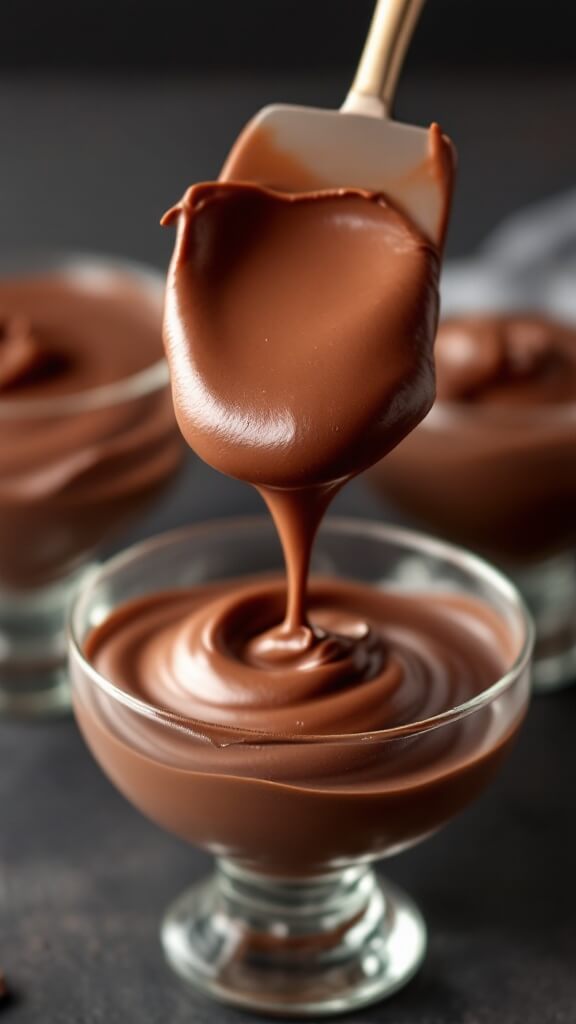Filling four glass dessert bowls with rich, velvety chocolate mousse using a rubber spatula