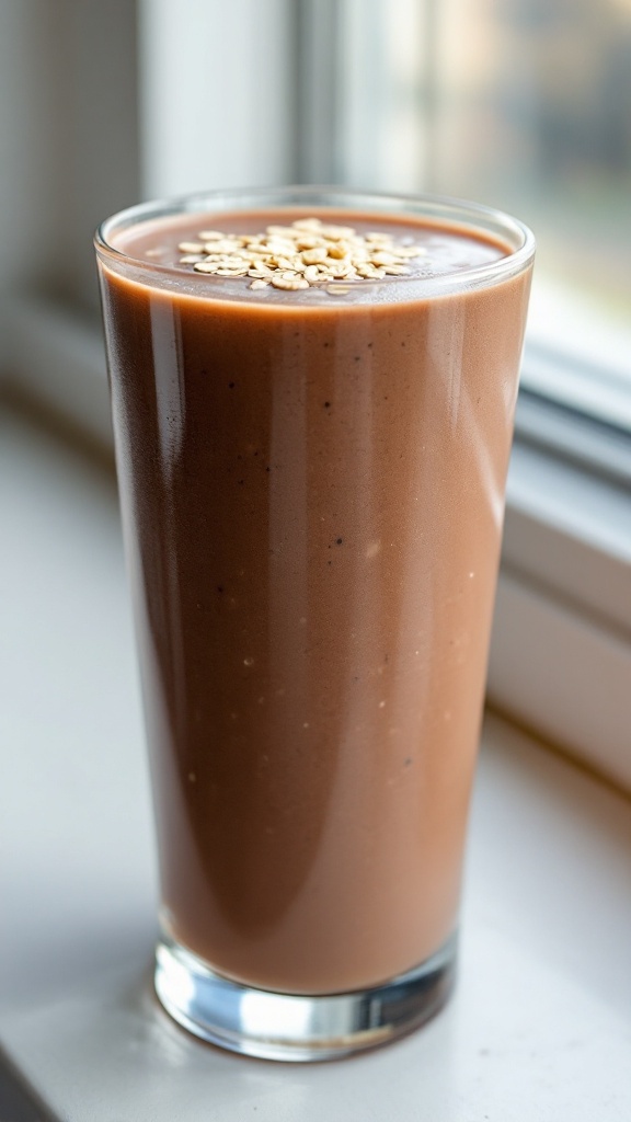 Protein Coffee Smoothie 9 Tall glass of creamy chocolate smoothie garnished with oats, in natural window light with slight condensation on the glass
