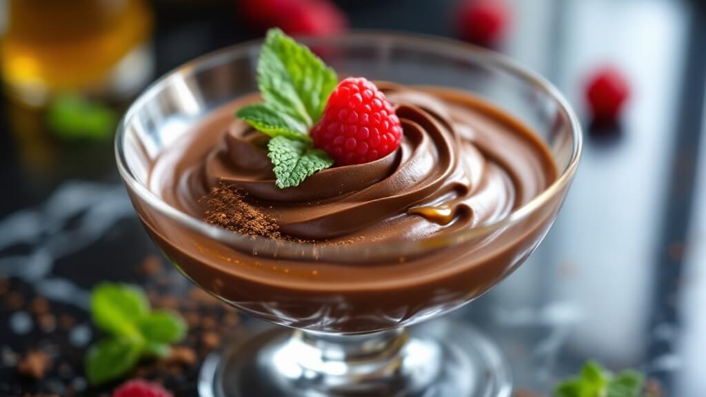 "close-up shot of luxurious chocolate protein mousse in a glass dessert bowl garnished with raspberry and mint, set on a dark countertop with a hint of honey and cocoa powder"