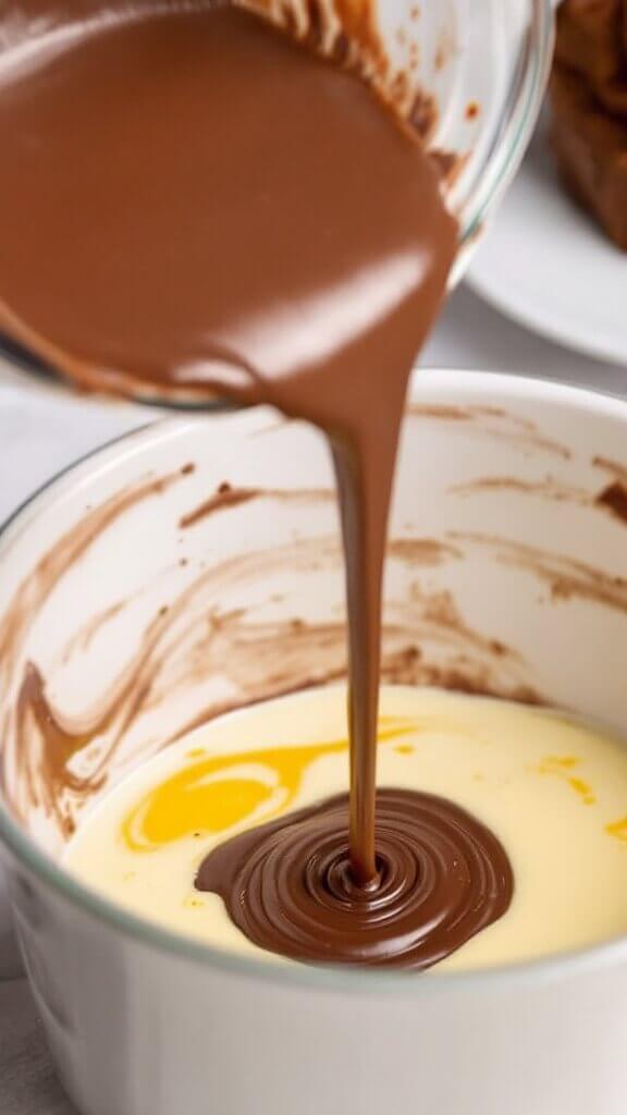 The Ultimate Fudgy Keto Brownies Recipe 7 Chocolate mixture being whisked into egg mixture, displaying a ribboning effect