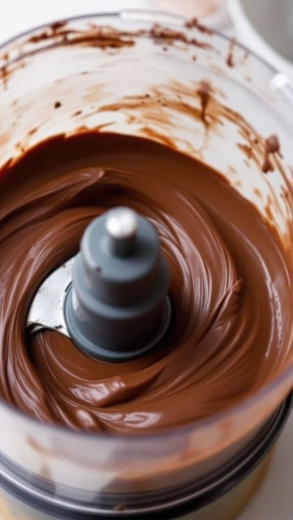 Food processor blending chocolate and yogurt into a smooth, glossy cream with visible swirls