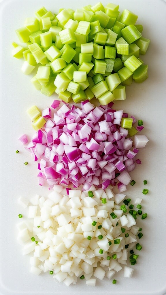 Perfect Keto Egg Salad (Ready In 20 Minutes) 5 Overhead view of diced celery, minced red onions, and chopped chives on a white cutting board