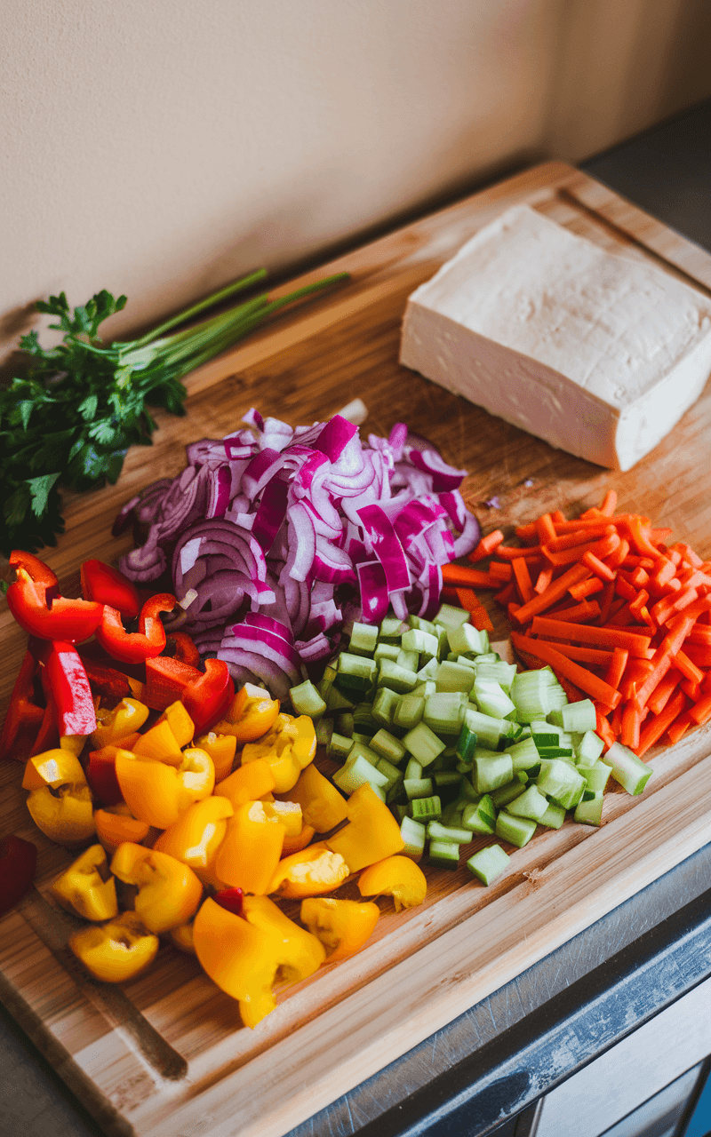 Tofu Stir-Fry: A Quick &Amp; Crispy Veggie-Packed Delight 4 An array of colorful chopped vegetables on a wooden cutting board next to a block of tofu.