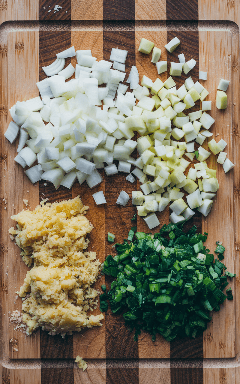 Chickpea Curry: A Quick, Creamy, And Comforting One-Pot Wonder 4 A wooden cutting board with chopped onions, minced garlic, and grated ginger organized in small piles.