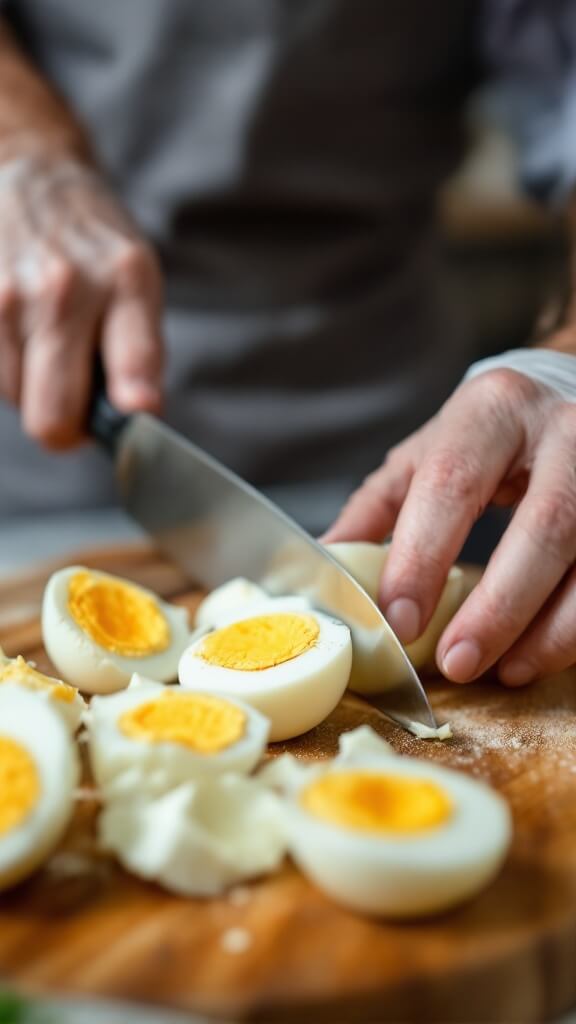 Perfect Keto Egg Salad (Ready In 20 Minutes) 4 Chef chopping perfectly cooked hard-boiled eggs on a wooden cutting board in a professional kitchen