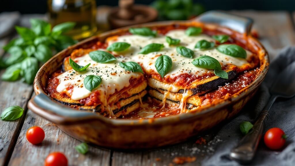 Classic Eggplant Parmigiana (Parmigiana Di Melanzane) 2 "close-up of a rustic italian baked eggplant dish in ceramic bowl set on a weathered wooden table, featuring melted cheese pulls, fresh basil, and scattered cherry tomatoes. "