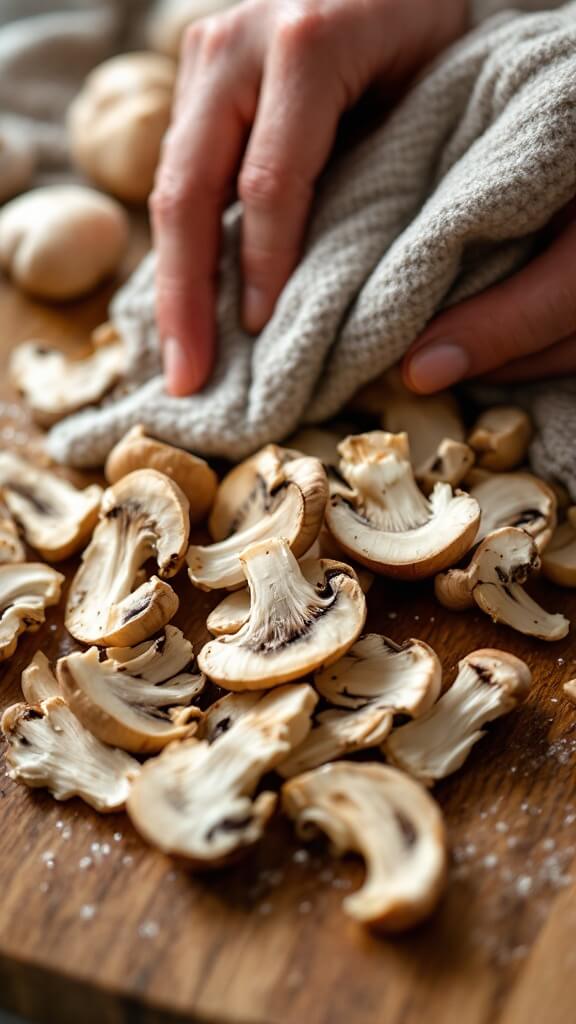 Cleaning and preparing fresh shiitake mushrooms on a wooden cutting board