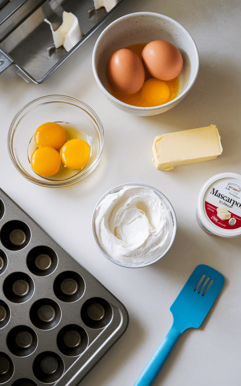 Organized kitchen countertop with separated eggs in bowls, mascarpone, a whisk, mixing bowls, and a baking tray, ready for making cloud bread.
