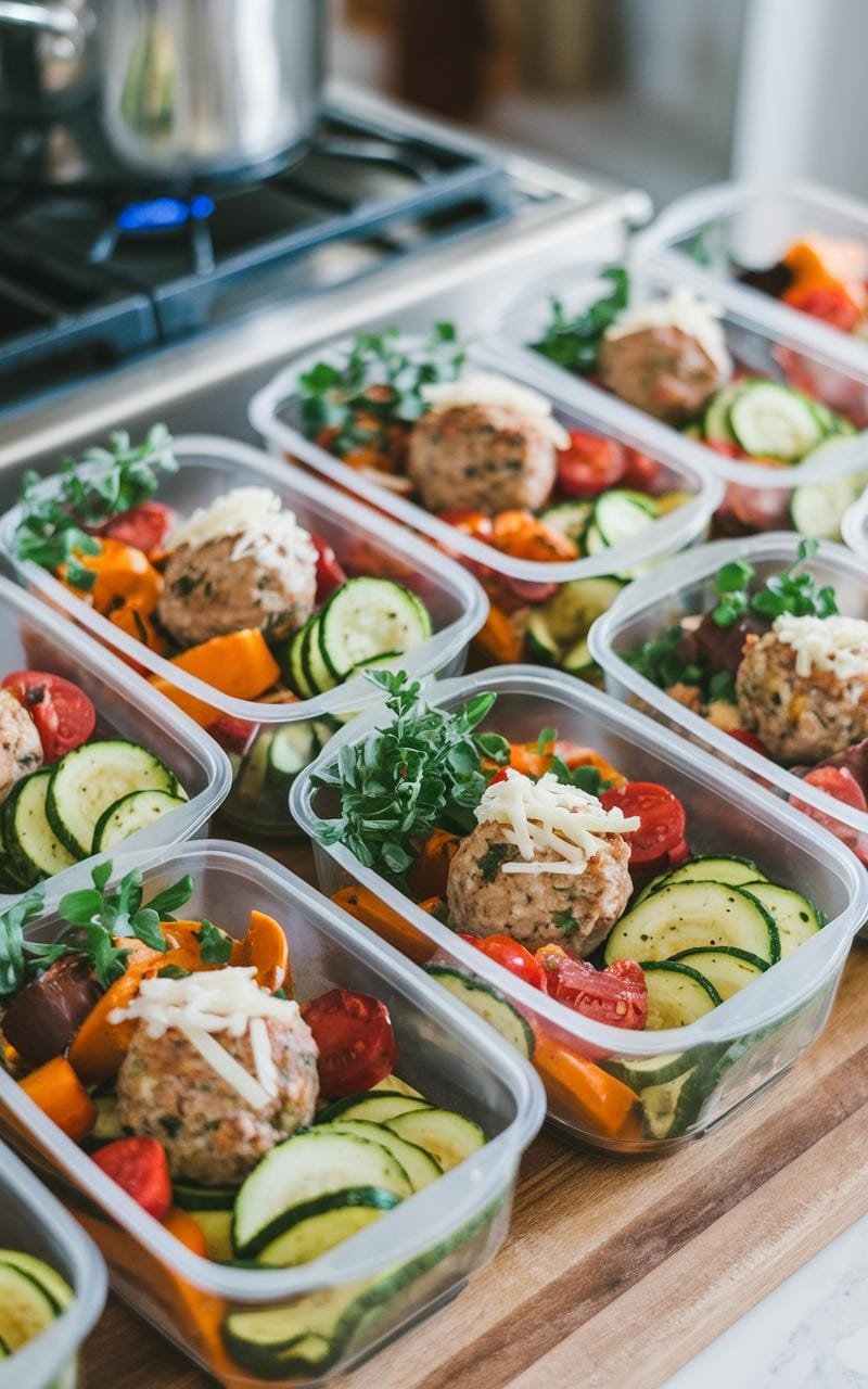 A vibrant meal prep layout with containers of turkey meatballs, zucchini noodles, and a variety of roasted vegetables neatly portioned.