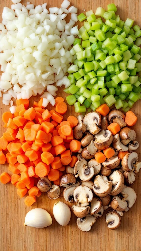 Cutting board with diced onions, carrots, celery, sliced mushrooms, and whole garlic cloves