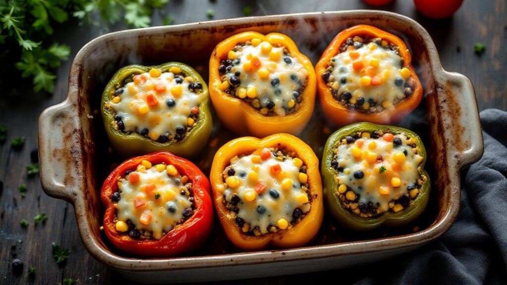 Quinoa Stuffed Peppers (Vegetarian &Amp; Gluten-Free) 2 "six colorful stuffed bell peppers filled with quinoa, black beans, corn, and tomatoes, topped with melted cheese in a rustic ceramic dish, on a dark wooden table with scattered fresh herbs, photographed from a 45-degree angle in natural lighting. "