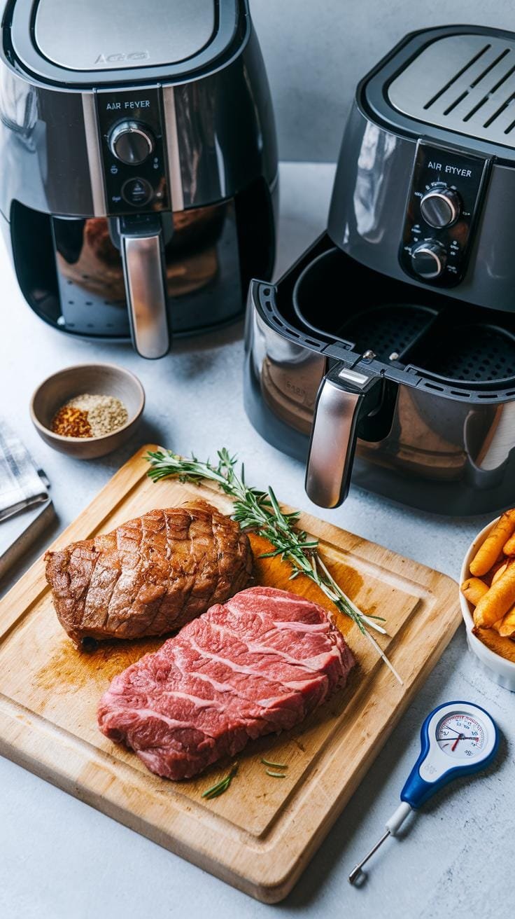 Organized cooking setup with an air fryer, cutting board, bowl of seasonings, and a meat thermometer placed neatly on a kitchen counter.