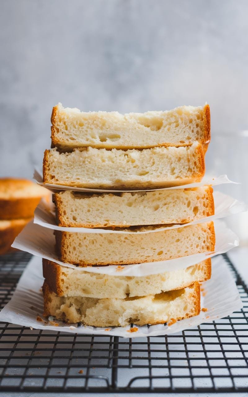 Stack of cooled cloud bread slices arranged on a storage shelf.