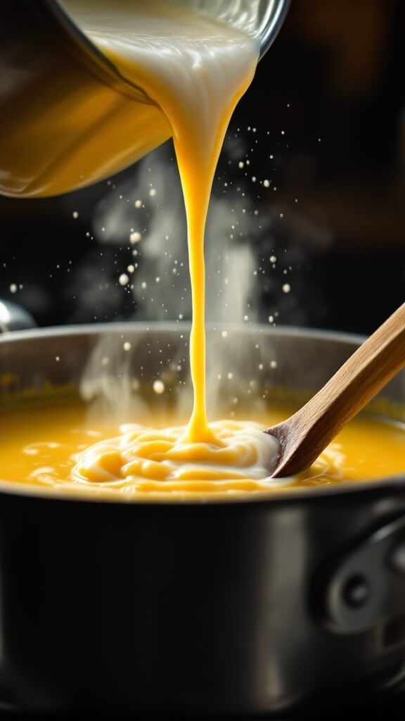 Chinese Egg Drop Soup (蛋花汤) 5 Pouring cornstarch slurry into simmering soup with a wooden spoon, the soup becoming glossy