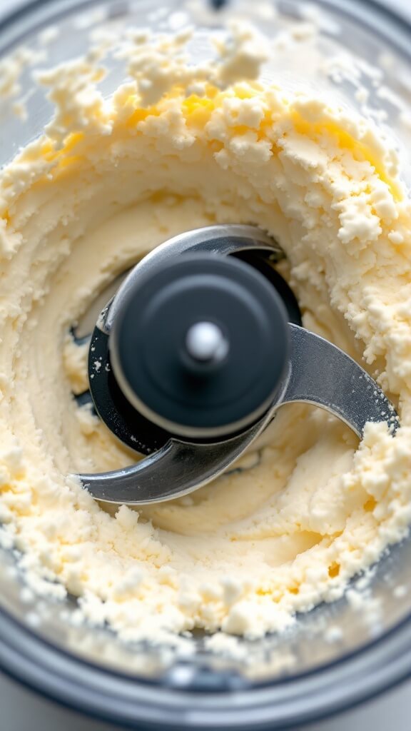 Creamy Cottage Cheese Mashed Potatoes 5 Overhead view of cottage cheese transforming into a smooth texture in a high-speed blender under natural light