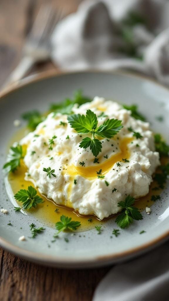 Plate of cottage cheese garnished with fresh herbs and olive oil on a rustic farmhouse table.