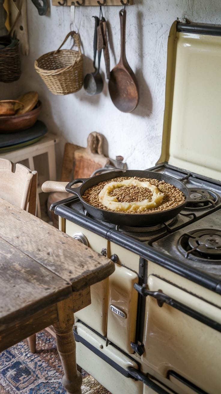 An inviting country kitchen with a vintage stove; a cook assembles layers of lentil shepherd's pie in a worn baking dish.