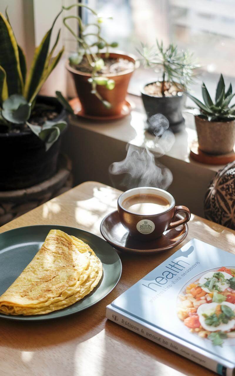 A sunlit breakfast nook with an egg white omelette on a plate, a steaming cup of coffee, and a health-focused cookbook on the table.