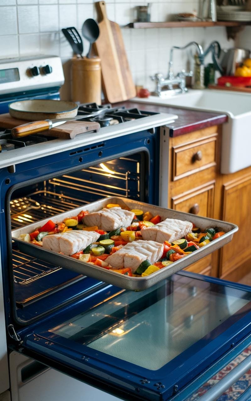 Baked cod with roasted vegetables in a cozy kitchen setting.