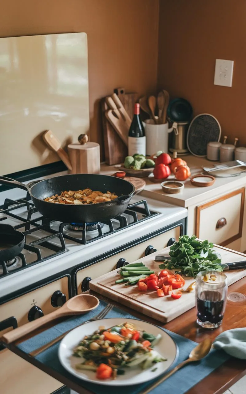 A cozy home kitchen with a large skillet on the stove, surrounded by fresh vegetables, spices, and utensils, prepped for making a quick weeknight meal.