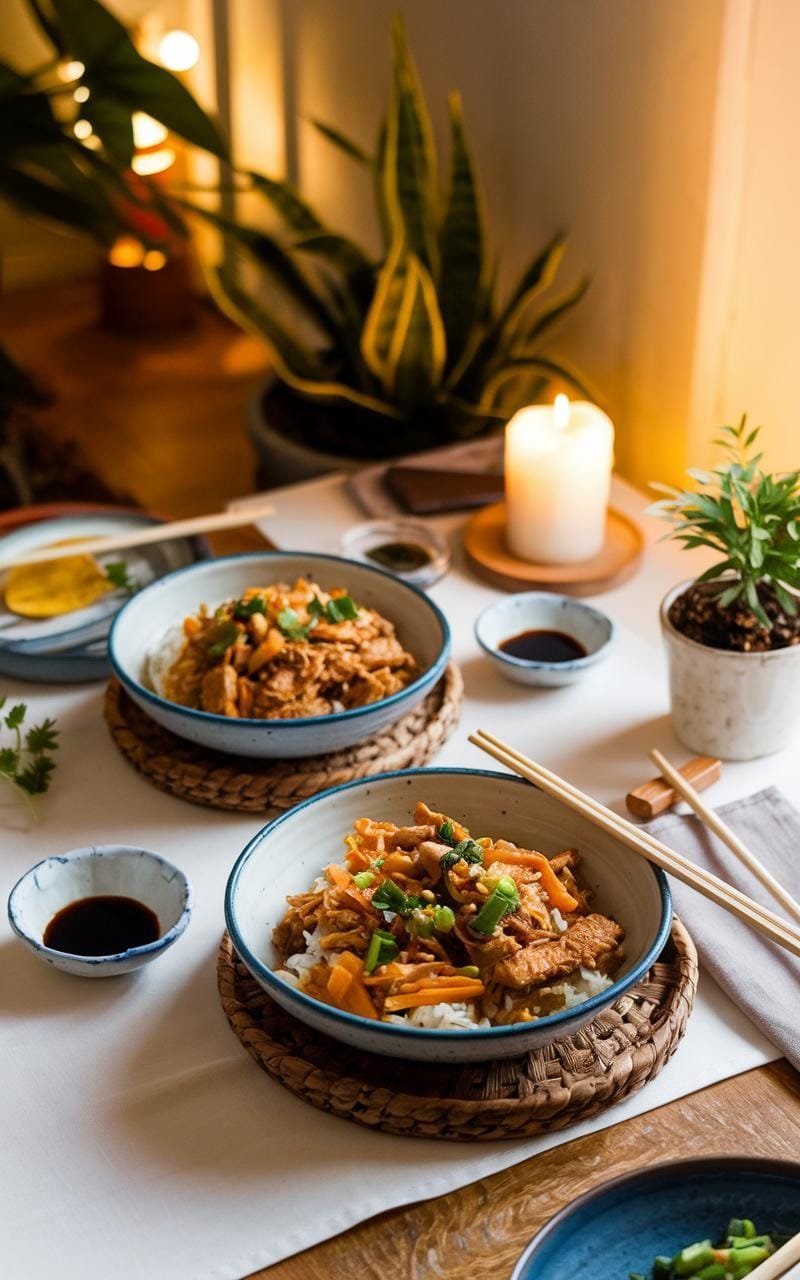 Seitan Stir-Fry: A Protein-Packed Vegan Delight 3 A cozy dining table set for two with bowls of seitan stir-fry, accompanied by chopsticks, small dishes of soy sauce, and chili oil.