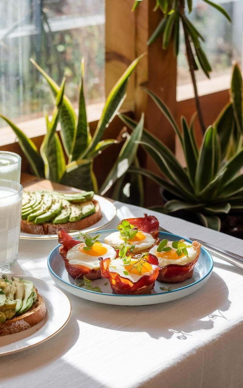 A sunlit breakfast nook with a plate of bacon and egg cups garnished with herbs, accompanied by avocado toast.