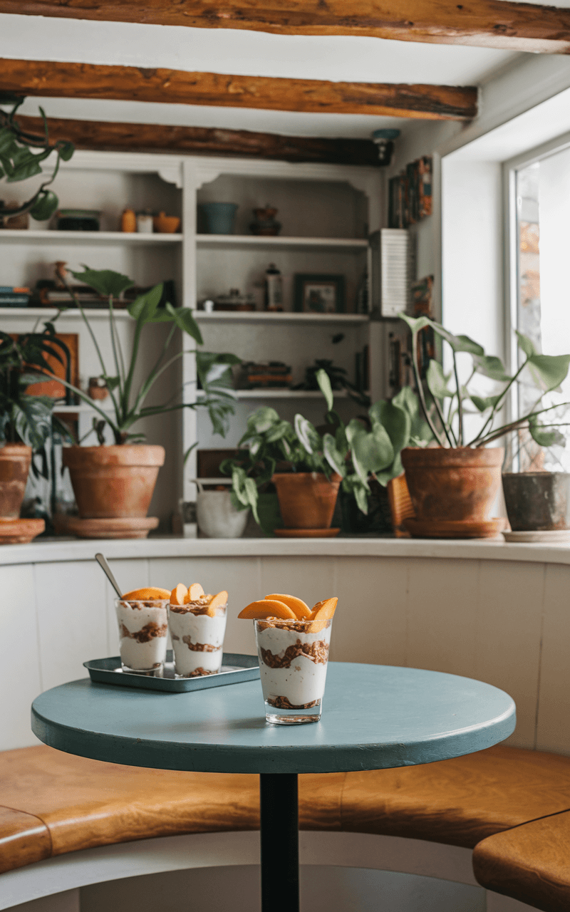 A cozy breakfast nook with a small round table displaying a parfait glass filled with layers of cottage cheese, granola, and sliced peaches.