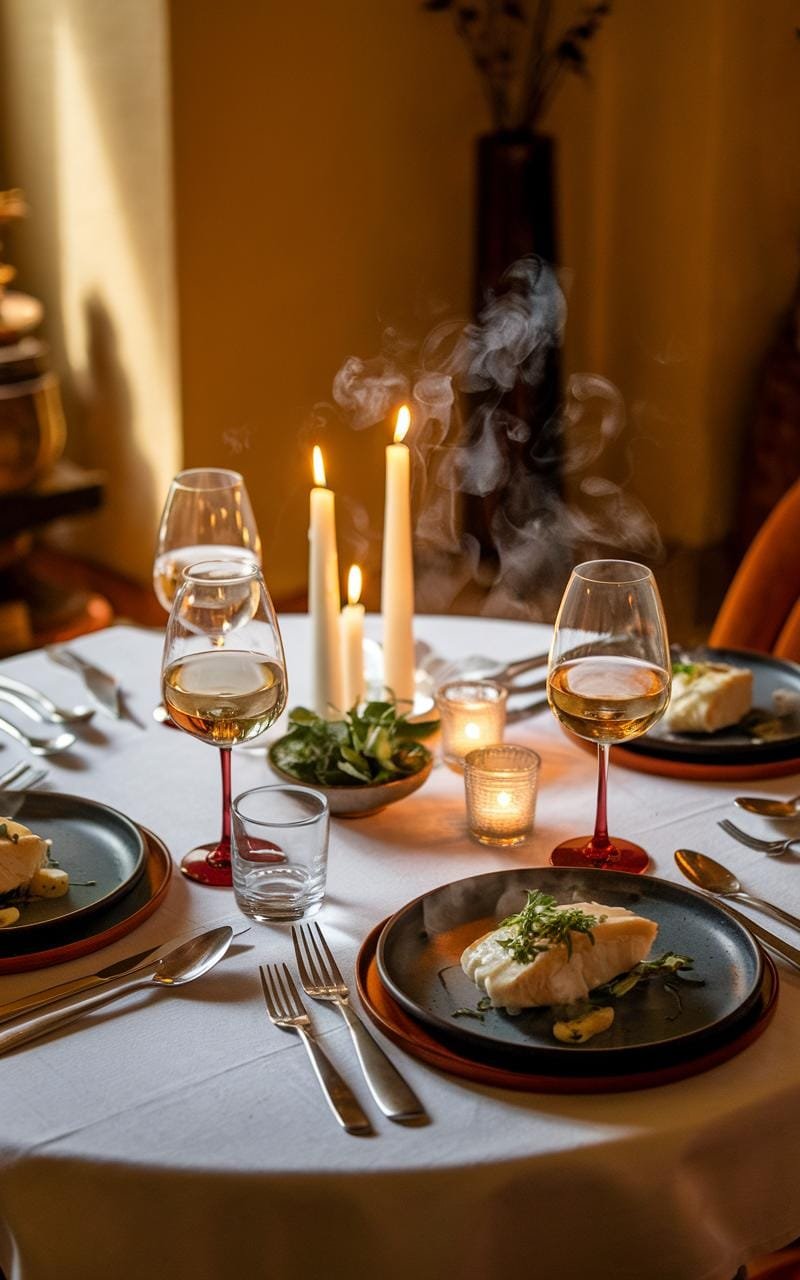 A candlelit dinner table set for two with poached fish, glasses of wine, and elegant evening ambiance.