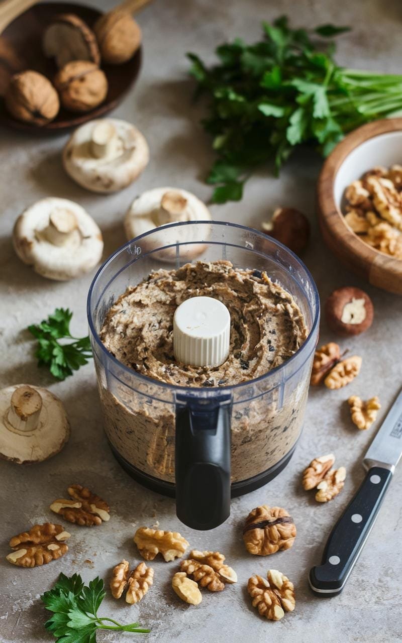 Food processor filled with mushroom and walnut pate on a cozy kitchen countertop, surrounded by scattered walnuts and parsley leaves