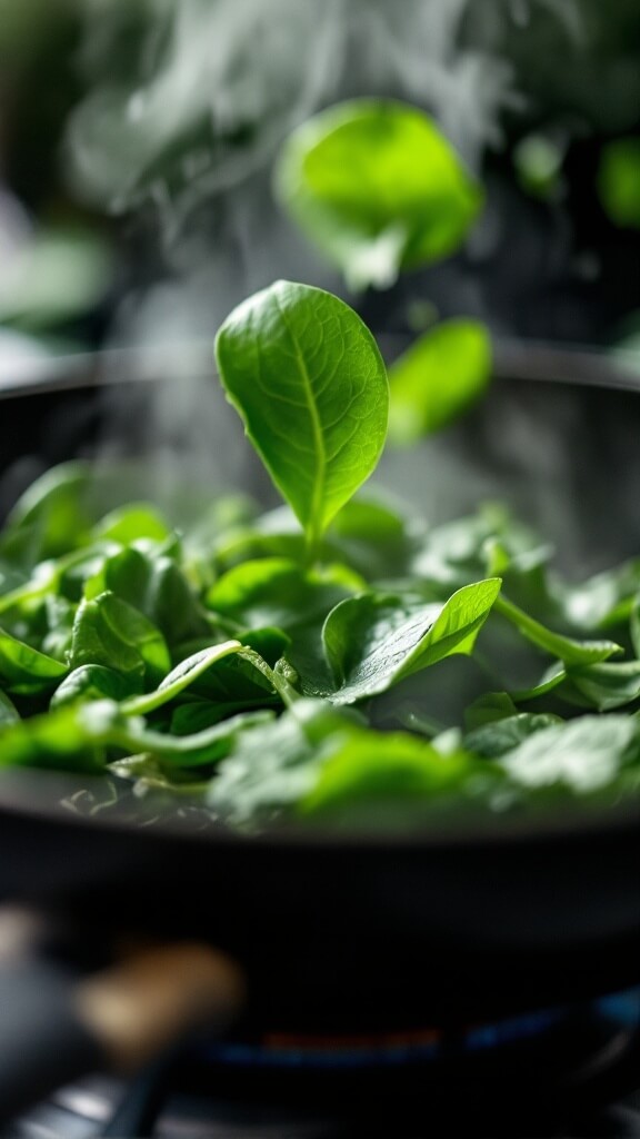 Spinach leaves wilting and darkening in a hot skillet with steam rising