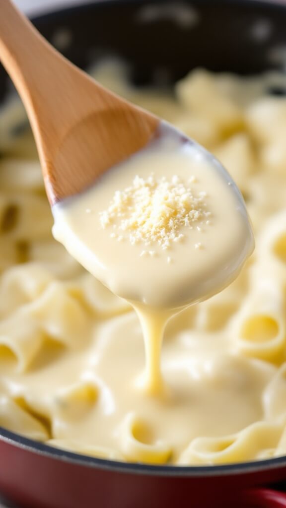 Wooden spoon lifting creamy alfredo sauce dripping back into the pan with fresh parmesan sprinkling in