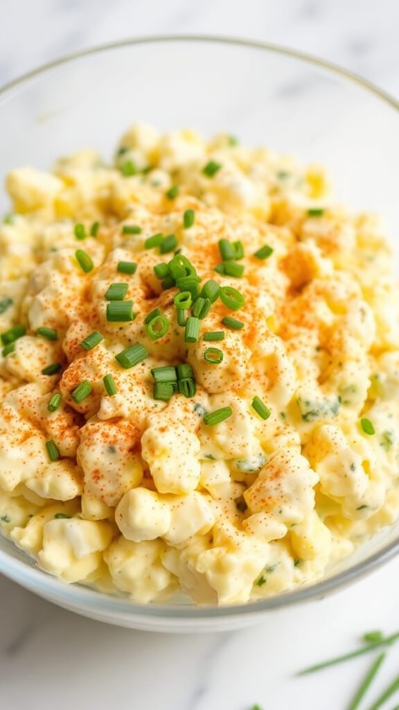 Perfect Keto Egg Salad (Ready In 20 Minutes) 9 Completed egg salad in a glass bowl with chunks of egg, herbs, paprika dusting and chive garnish