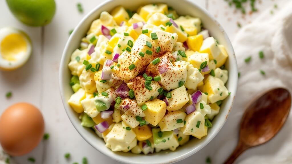 Perfect Keto Egg Salad (Ready In 20 Minutes) 2 "close-up overhead shot of creamy egg salad in a white bowl with diced hard-boiled eggs, avocado oil mayonnaise, red onion, celery, and chives on a light wooden surface"