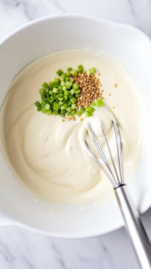 Perfect Keto Coleslaw (Quick &Amp; Creamy) 3 Creamy dressing ingredients whisked in a white ceramic bowl with visible celery seeds and a silver whisk, on a light marble countertop