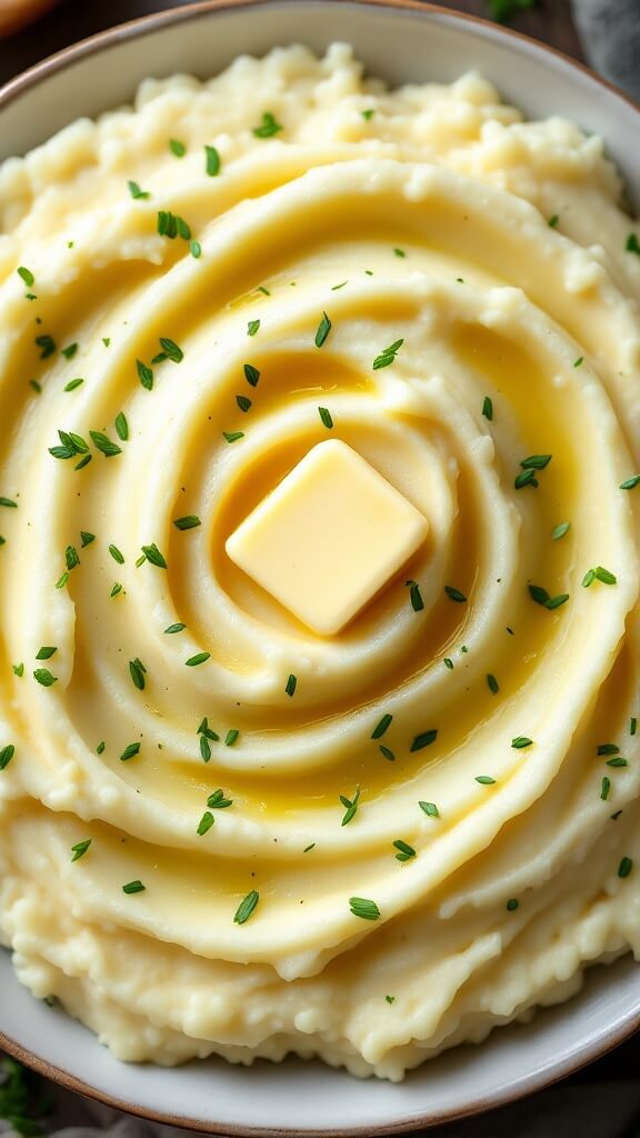 Creamy Cottage Cheese Mashed Potatoes 9 Overhead view of creamy, fluffy mashed potatoes in a serving bowl garnished with chives and topped with melting butter
