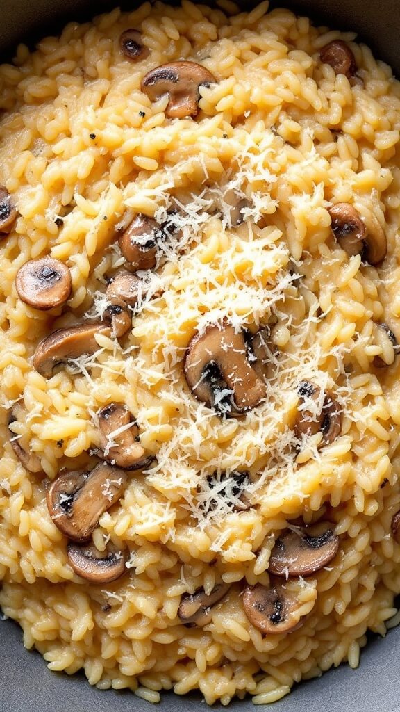 Overhead view of creamy risotto with golden sautéed mushrooms and melting parmesan cheese