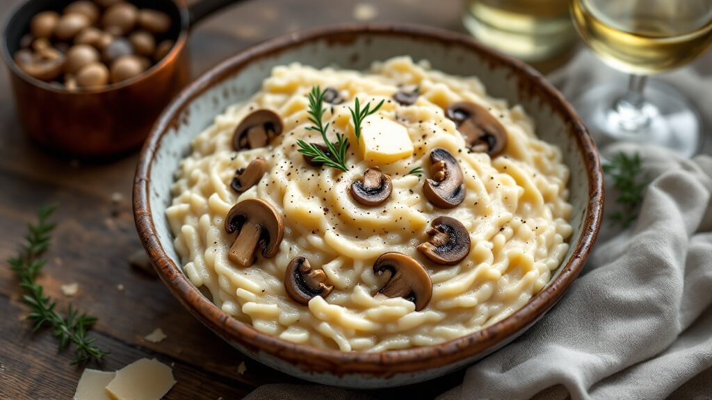 "overhead view of creamy mushroom risotto in a rustic bowl, garnished with thyme and parmesan, on a wooden table with a glass of white wine and saucepan in the background"
