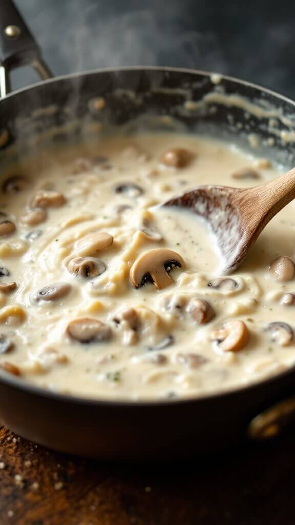 Stirring creamy sauce with mushrooms in a pan, with steam rising