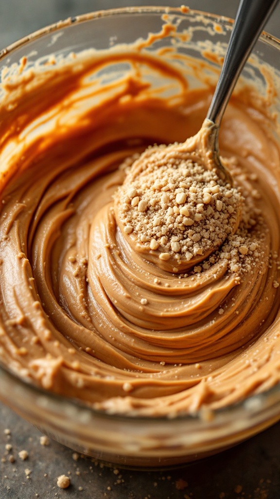 Protein Peanut Butter Cups 4 Close-up of creamy peanut butter, protein powder, maple syrup, and vanilla extract being mixed in a glass bowl until smooth and moldable