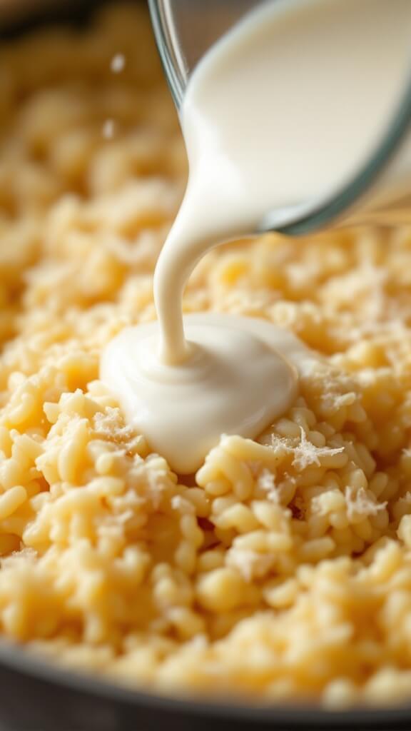 Poured heavy cream into risotto with grated parmesan cheese nearby