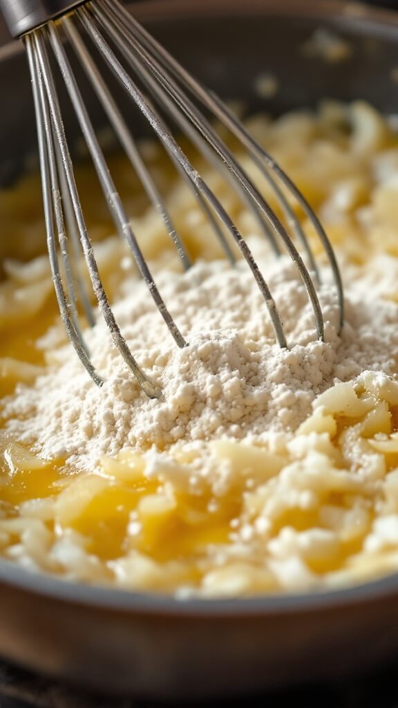 Close-up image of a whisk stirring flour into melted butter and sautéed onions, forming a golden brown roux with a paste-like texture