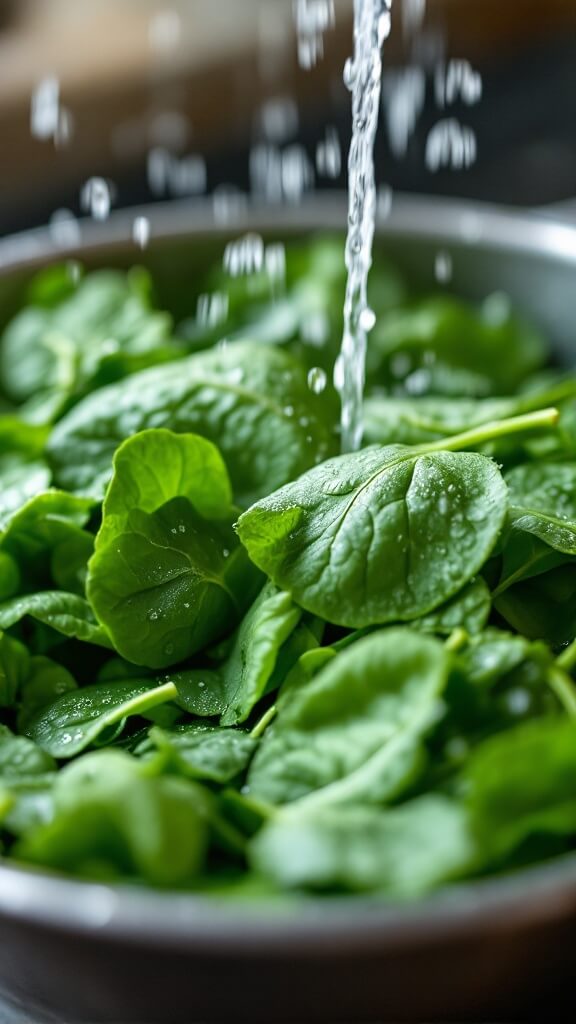 Washing fresh green spinach leaves under running water in colander