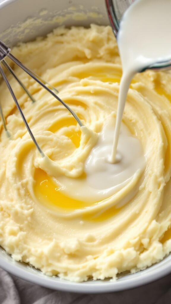 Whipping creamy mashed potatoes in a large bowl with melting butter and splash of milk, showing fluffy texture